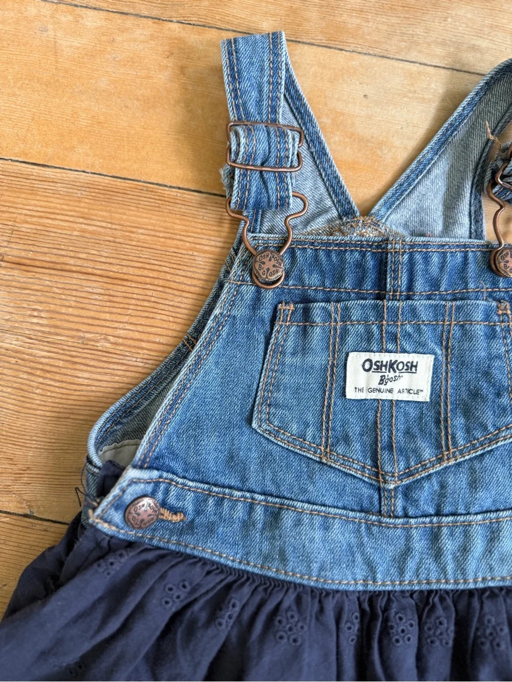 OshKosh Denim and Navy Eyelet Skirt Overall Dress